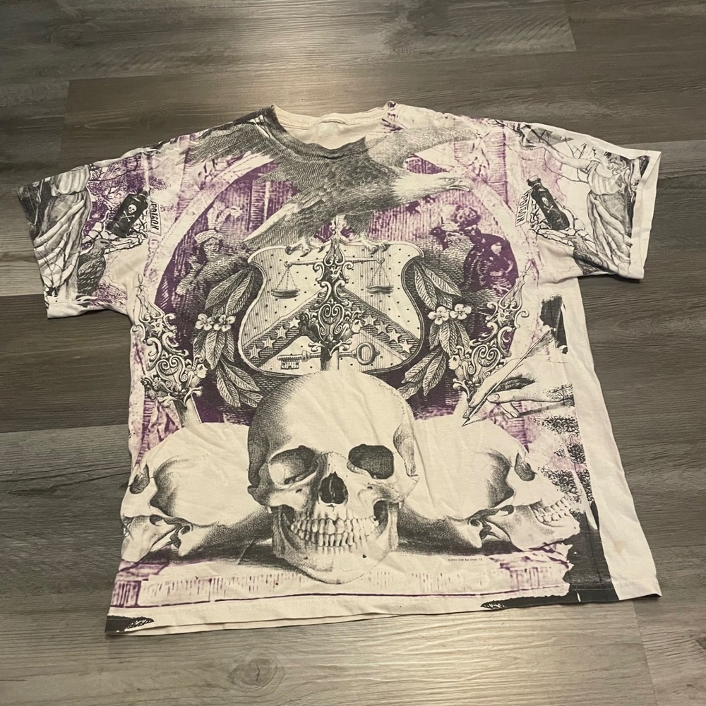 Vintage 2005 ODM San Diego Skull Eagle Poison Graphic T-Shirt White Purpley2k